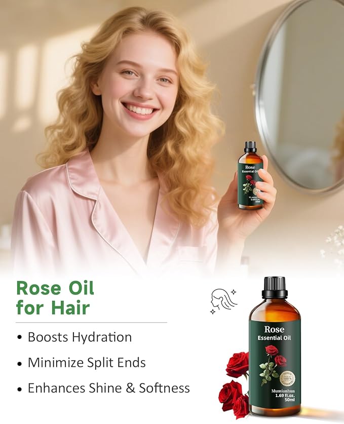 Pure Rose Essential Oil, Mumianhua Natural Rose Oil for Reed Diffuser, Air Freshener, Aromatherapy, Relaxation, Skin,Hair, Cologne, Candles Making, Evening Wellness, Romantic Atmosphere 1.69 Fl Oz