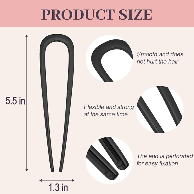 2PCS 5.5Inch French Hair Pins Large U-Shaped Pins for Women and Girls Fashion Metal Hair Pin French Twist Hair Pins for Buns, Updos,Stylish and Functional(set3-black)