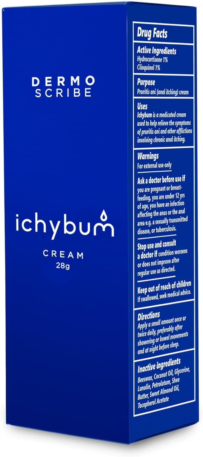 Ichybum Anal Itching Cream, Hemorrhoid Itch Cream for Chronic Itch, Hemorrhoids, & Athlete’s Foot, Contains Hydrocortisone & Clioquinol, 28g