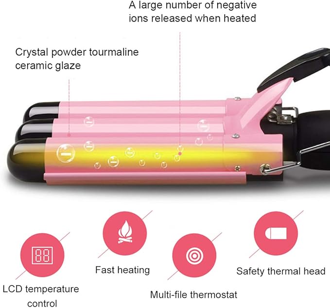 3 Triple Barrel Ceramic Tourmaline Curling Iron Wand with LCD Temperature Display - 1 Inch Crimping Waver, Dual Voltage