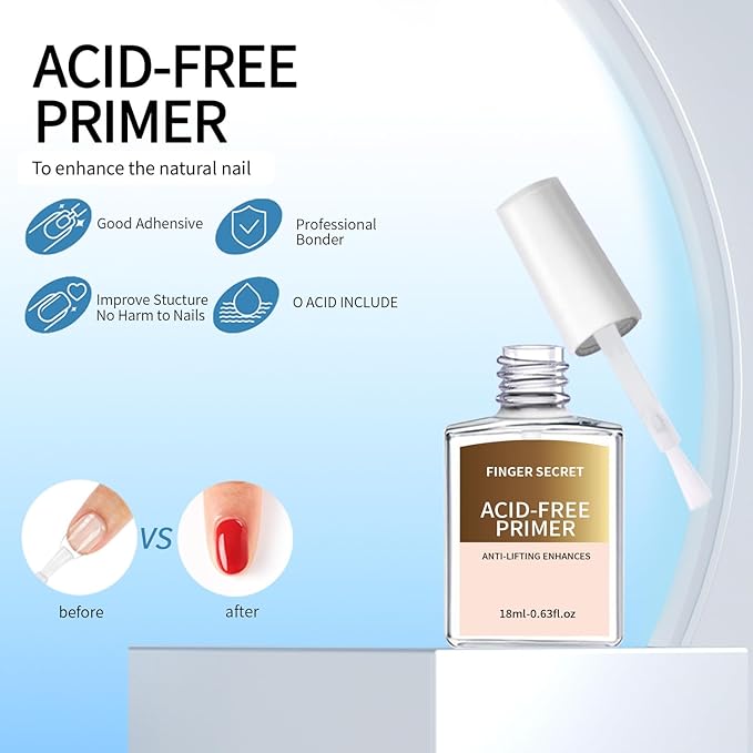 Acid-Free Primer and Nail Prep Dehydrator for Poly Gel Nail Kit Acrylic Nails Fast Dry Prep Kit for Design Art in Salon or Home Use 18ml