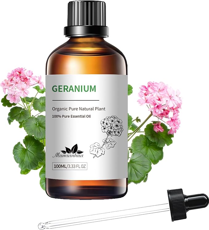 Pure Geranium Essential Oil, Mumianhua Natural Rose Geranium Oil for Reed Diffuser, Air Freshener, Massages,Relaxation, Garden Freshness, Outdoor Ambiance, Skin, Hair, Soap, Candles Making 3.38 Fl oz
