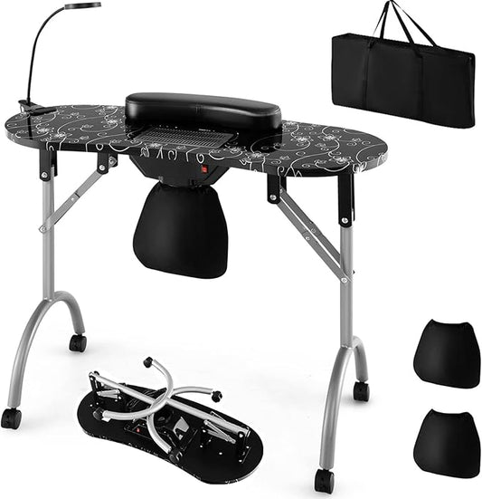 Giantex Nail Table for Nail Tech, Portable Manicure Table with Electric Dust Collector, USB-Plug LED Lamp, Wrist Rest, 4 Lockable Wheels, Foldable Nail Desk with Carry Bag (Black)