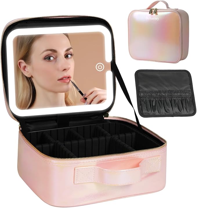 Travel Makeup Bag with LED Lighted Mirror, Cosmetic Makeup Organizer Bag with 3 Color Setting, Makeup Train Case with Adjustable Dividers for Women Makeup Brushes Jewelry Accessories