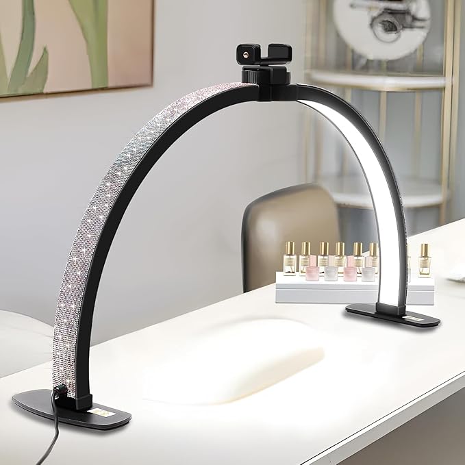 Half Moon Light for Nail Desk with Phone Holder, 29IN Folding Half-Moon Lamp with Shinning Diamond, LED Light for Manicure, Eyelash Extension, Tattooing, Skin Management, Color Temperature 3000-6500K