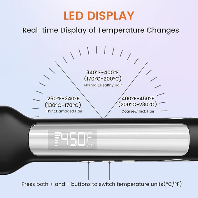 Faszin Professional Hair Straightener, 1.65inch Wide-Plate, Titanium Negative Ion Flat Iron, 30s Rapid Heating, LED Temp Display, Wide Voltage & 10 Adjustable Temp Levels (260-450℉) - Black