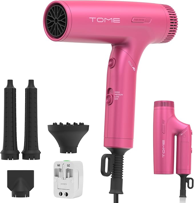 TOME 1200W Hair Dryer Travel Dual Voltage 120V/240V Foldable Blow Dryer with Diffuser Comb Nozzle Storage Bag Universal Power Adapter (Hot Pink)