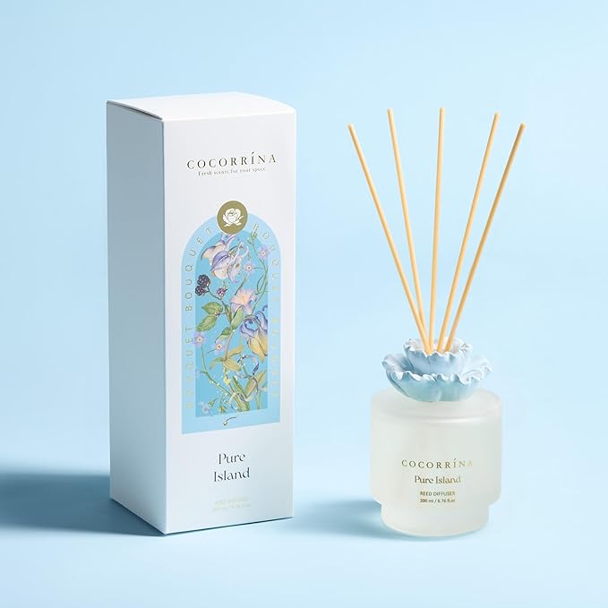 COCORRÍNA Gypsum Flower Reed Diffuser – Pure Island Scent, 6.76 oz Oil with 8 Sticks, Long-Lasting Home Fragrance for Bathroom Décor