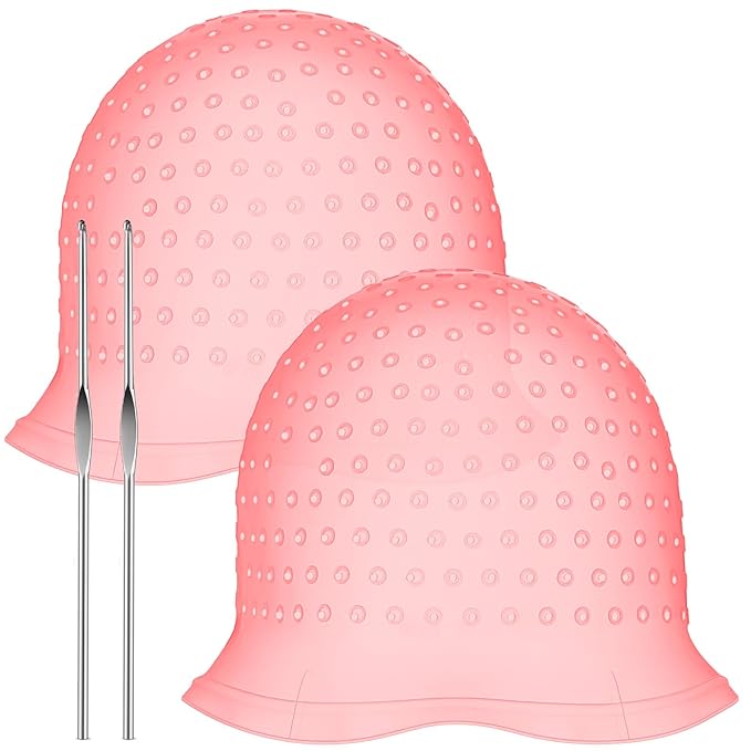 Jexine 2 Pcs Hair Coloring Highlighting Cap Reusable Silicone Highlight Cap with Holes and Hook for Hair Coloring, Frosting, Hairdressing & Highlighting, Salon Tools Kit(Pink)