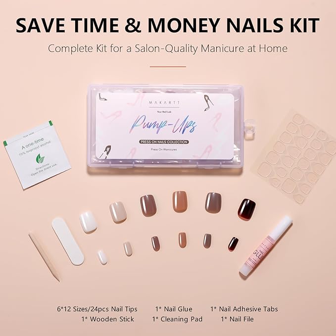 Makartt Press on Nails Kit: Short Deep Neutrals Coffin Tips in 6 Styles 144PCS, Natural Fit with Adhesive Tabs, Glue, and File, Manicure Set for Home Salon