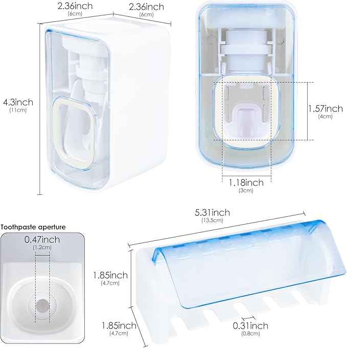 5 Slots Wall Mount Toothbrush Holder with Cover, Self Adhesive Toothbrush Storage Organizer for Shower, Toothbrush Hanger with Automatic Toothpaste Squeezer Dispenser(White + Blue)