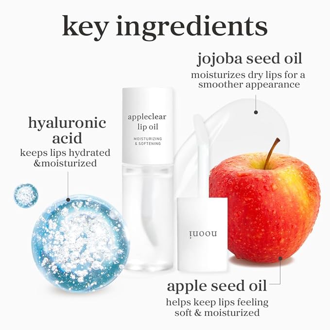 NOONI Korean Lip Oil - Appleclear | Long-Lasting, Moisturizing, Plumping, Revitalizing for Dry Lips, Waterproof, No Peel Off, Hydrating, Nourishing Crystal Clear, Stocking Stuffers, 0.12 FL Oz