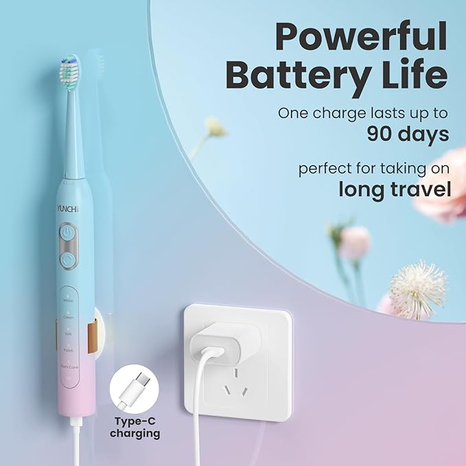 YUNCHI Sonic Electric Toothbrush for Adults,Rechargeable Toothbrushes with Travel Case, 90 Days, 8 Brush Heads, 2 Min Timer, IPX7 Waterproof, 5 Modes, Blue and Pink