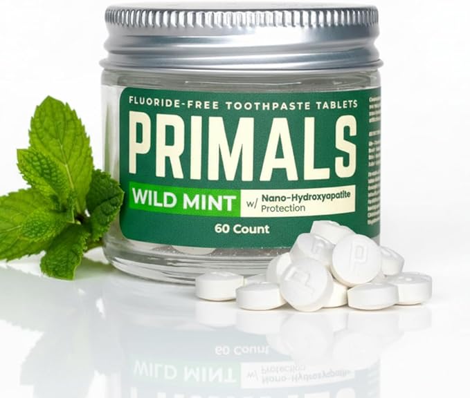 PRIMALS Fluoride-Free Toothpaste Tablets - Nano Hydroxyapatite - Zero Artificial Flavors or Plastic - Remineralizes & Whitens Teeth - 60 Count (1 Month Supply)