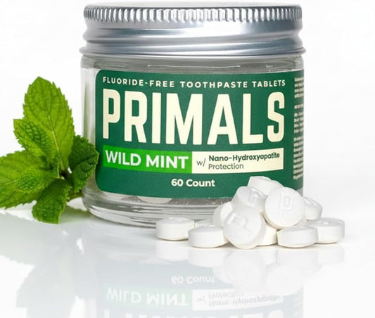 PRIMALS Fluoride-Free Toothpaste Tablets - Nano Hydroxyapatite - Zero Artificial Flavors or Plastic - Remineralizes & Whitens Teeth - 60 Count (1 Month Supply)