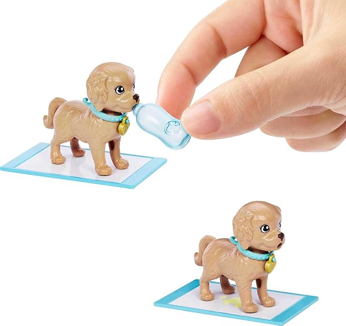 Barbie Pup Adoption Playset with Brunette Fashion Doll in Pink Dress, 2 Pets, Carrier & 10 Accessories, Color-Change Feature