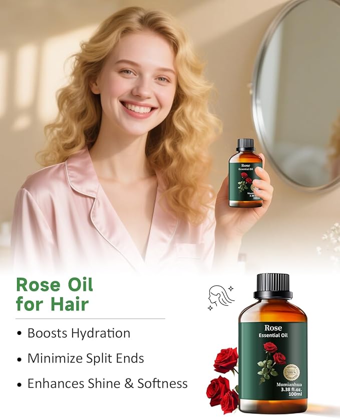 Pure Rose Essential Oil, Mumianhua Natural Rose Oil for Skin, Hair, Reed Diffuser, Air Purifier, Room Spray,Candle Making, Laundry, Relaxation, Evening Wellness, Romantic Atmosphere 3.38 Fl Oz