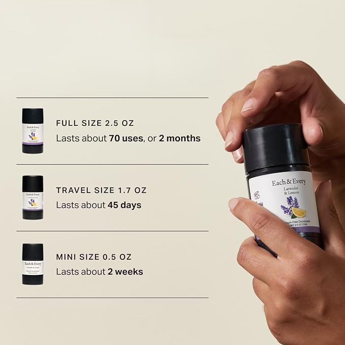 Each & Every All Natural Deodorant for Women & Men - Sensitive Skin, Vegan, Baking Soda & Aluminum-Free Deodorant - Clean Long Lasting Odor Control - Multiple Scents, Natural Fragrance (0.5oz, 2pk)