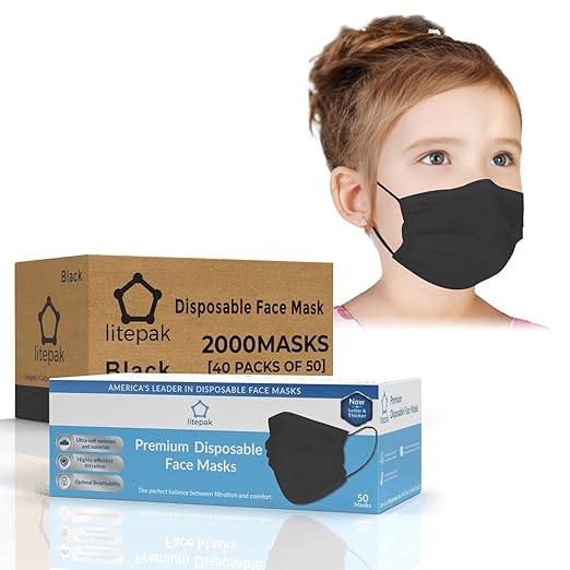 2000pcs Kids Disposable Face Masks - 3 Ply Kids Masks for Boys Girls (Black)