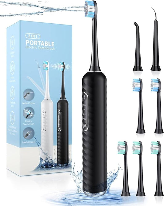 Electric Toothbrush with Water flosser, 3 in 1 Teeth Cleaning Kit with 7 Modes, Electric Toothbrush and flosser Combofor Adults, Water Flosser Portable for Travel and Home (Black)