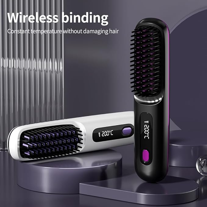 Go Brush Pro 2025 Cordless Hair Straightener Brush – 3 Heat Settings, USB Rechargeable, 2-in-3 Straightener & Curler, Ionic Anti-Static for All Hair Types (Black)
