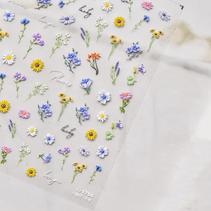 Flower Nail Art Stickers Decals 5D Flowers Nail Stickers Summer Daisy Sunflower Design Nail Decals for Nail Art Decorations Flower Stickers for Nails Fresh Floral Manicure Sliders for Women Girls