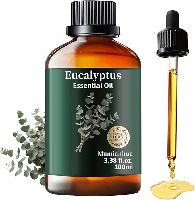 Pure Eucalyptus Essential Oil, Mumianhua Natural Eucalyptus Oil for Diffuser, Face, Skin, Aromatherapy, Hair, Scalp and Body Massage,Spray Candle Making, Outdoor Freshness, Invigorating Air 3.38 Fl Oz