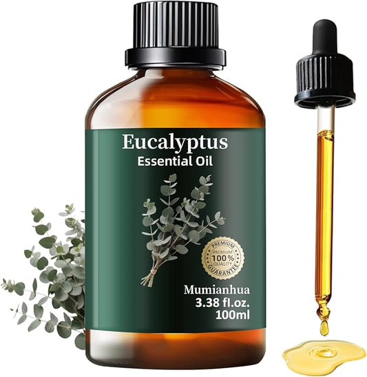 Pure Eucalyptus Essential Oil, Mumianhua Natural Eucalyptus Oil for Diffuser, Face, Skin, Aromatherapy, Hair, Scalp and Body Massage,Spray Candle Making, Outdoor Freshness, Invigorating Air 3.38 Fl Oz