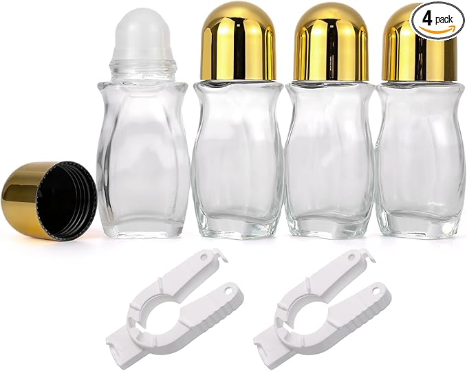 4 Pack 50mL Clear Glass Roller Bottles for Deodorant, Essential Oil Roll On Bottles, Leak-Proof Refillable Rollerball Containers with Golden Caps, Travel DIY Perfume Applicator