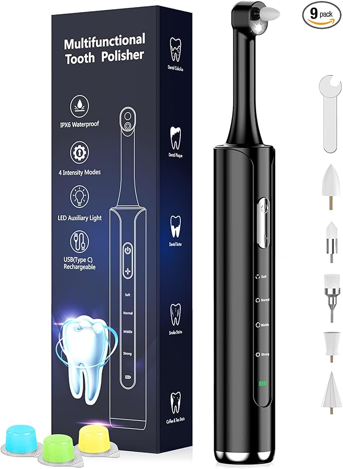 Tooth Polisher, Rechargeable Teeth Polisher with 5 Brush Heads, 4 Speed Modes, Tooth Whitening for Cleaning and Polishing, LED Light, 3 Polish Pastes, IPX6 Waterproof Teeth Cleaning Tools, Black