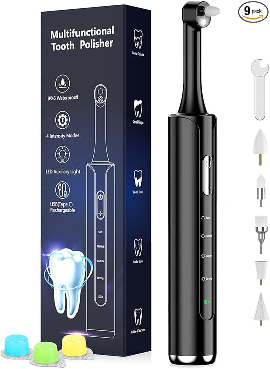 Tooth Polisher, Rechargeable Teeth Polisher with 5 Brush Heads, 4 Speed Modes, Tooth Whitening for Cleaning and Polishing, LED Light, 3 Polish Pastes, IPX6 Waterproof Teeth Cleaning Tools, Black