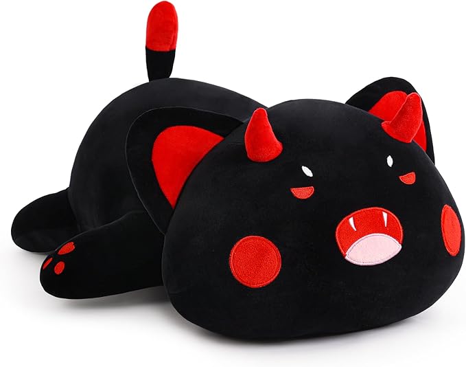 Black Cat Plush Pillow Kawaii Toy Cute Soft Cat Stuffed Animals Kitten Plushie Doll Great Gift for Kids and Adult Birthday Christmas Valentines, 12", Black Red