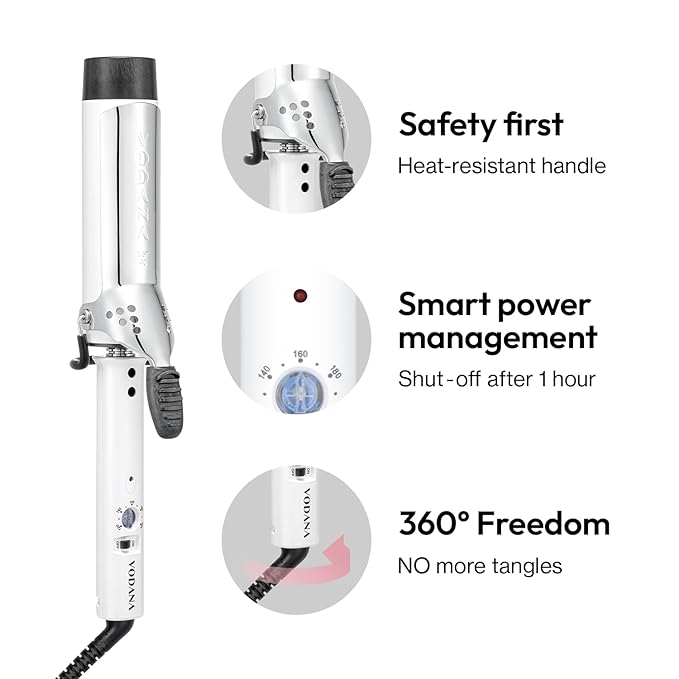 VODANA Professional GlamWave Ceramic Curling Iron, Long-Lasting Natural Curls, Instant Heat, Hair Curler, Curling Wand, Available in USA (1.4 inch, White)