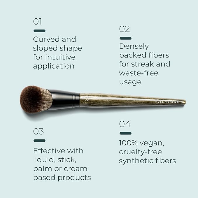 Rose and Ben Beauty C42 Professional Foundation Brush | Multi-Use Angled Makeup Brush for Buffing, Blending & Building | Creates a Seamless Finish and is Cruelty Free