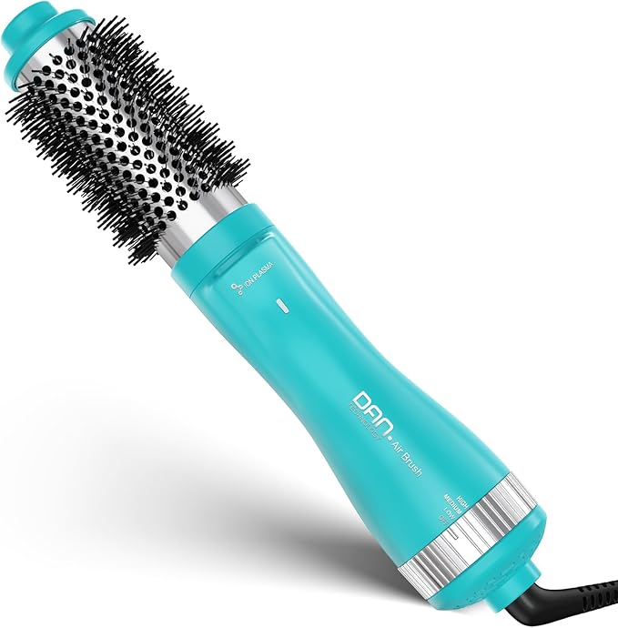 Dan Technology 1.5 Inch Titanium-Ceramic Hot Air Thermal Brush, Heated Round Barrel Blowout Brush with Negative Ions for Smooth Volume & Shiny Hair, Gentle Airflow 2 Speeds & 3 Heat Settings 120V Cyan