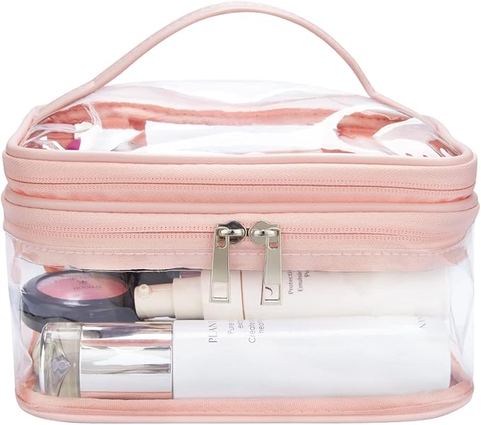 Double Layer Clear Cosmetic Bag Makeup Bag, Waterproof Travel Toiletry Bag, Transparent PVC Hair & Nail Accessories Pouch Beach Bag Organizer (Pink)
