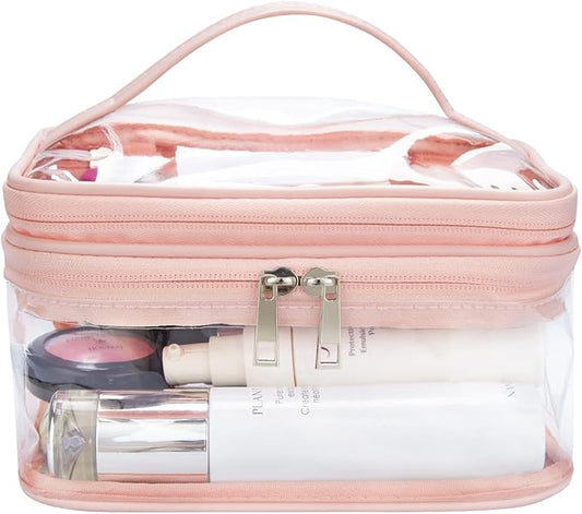 Double Layer Clear Cosmetic Bag Makeup Bag, Waterproof Travel Toiletry Bag, Transparent PVC Hair & Nail Accessories Pouch Beach Bag Organizer (Pink)