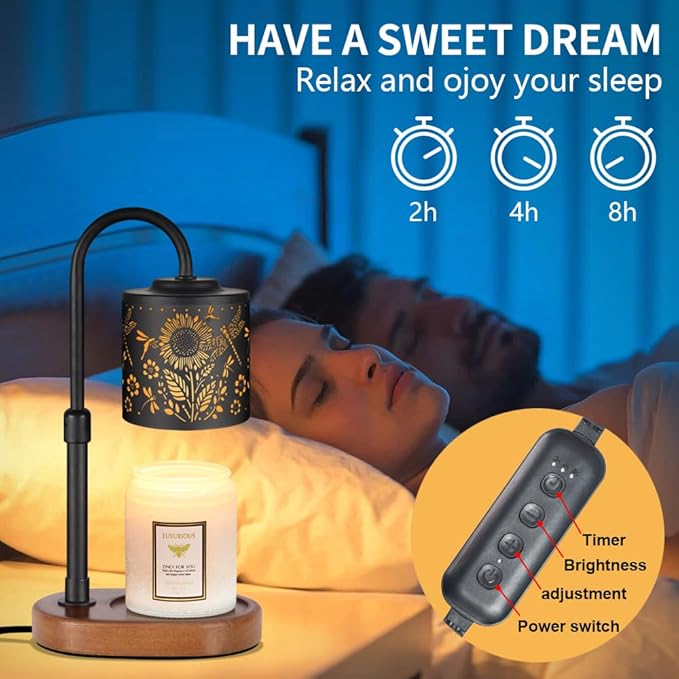 Dimmable Candle Warmer Lamp with Timer Adjustable Height for Scented Jar Candles Electric Candle Wax Melt Warmer for Home Decor Christmas Birthday Gifts for Women Mom(Sunflower+Dragonfly)