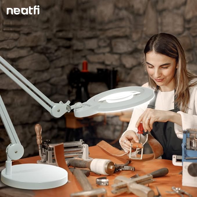 Neatfi XL Bifocal LED Magnifying Lamp, 7-Inch Acrylic Lens, 5D/20D Magnification, Hands-Free, Dimmable, 84 SMD LED, Adjustable Arm for Crafts, Reading, Close Work (White, with Base)