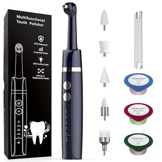 Tooth Polisher,Teeth Polishing Kit for Daily Cleaning,Polishing Then Whitening of Tooth (Professional Toothpaste Include),USB Rechargeable Dental Polisher with LED Light,6 Heads,5 Speed Modes