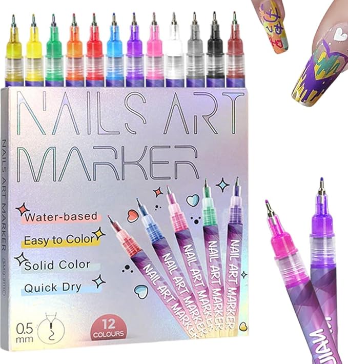 12 Colors Nail Art Pens Set, Nail Art Markers Polish Pen for 3D Nail Art, Drawing Painting Liner Brush for DIY Nail Art Beauty Adorn Manicure Tools (12 colors)