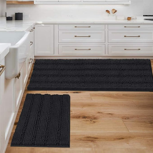 H.VERSAILTEX 2 Piece Bathroom Set - Super Absorbent Chenille Striped Bath Mats, Non Skid, Machine Washable - Jet Black, 47 x 17 Plus 17 x 24 Inches