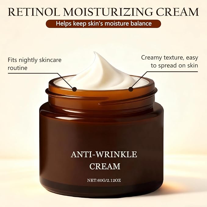 Retinol Anti-Wrinkle Cream, Firms and Lifts Skin, Improve Fine Lines，Restores Elasticity, Deep Hydration for All Skin Types (2PCS)