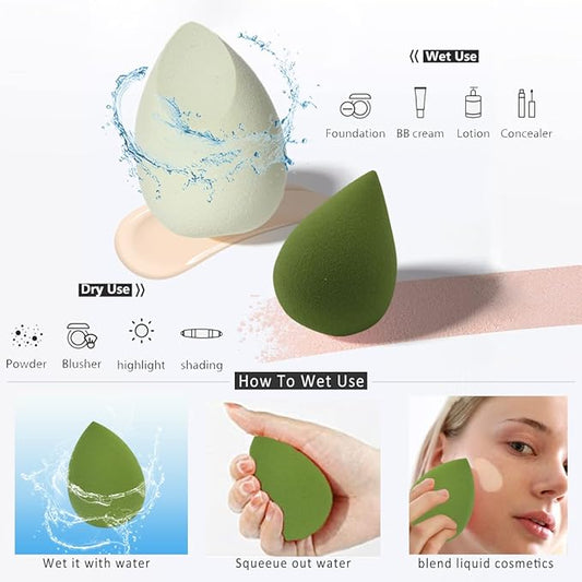 Makeup Sponges Set - Beauty sponges Blending Blenders with 1 Holder and Egg Case, Flawless for Cream, Powder and Liquid (Green, 4Pcs+1Holder+ case)