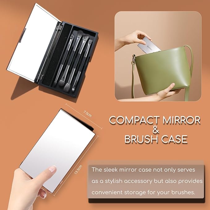 ENERGY Travel Eye Makeup Brush Set Eyeshadow Eye Blending Eyeliner Under Eye Concealer Eye Brow Smudge Makeup Kit with Portable Compact Mirror Case Double ended Makeup Brushes 4PCS