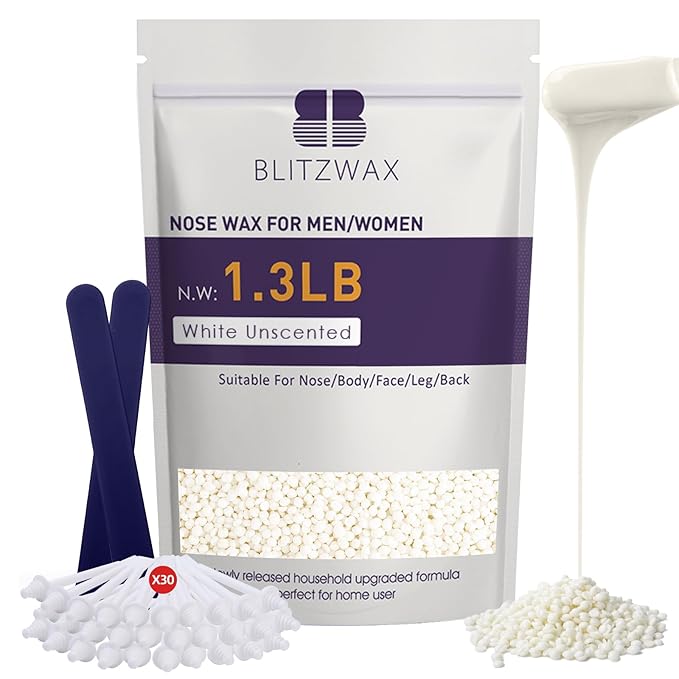 BLITZWAX Hair Removal Hard Wax Beads Unscented 1.3lb Waxing Beans Kit with 30 Nose Waxing Sticks for Sensitive Skin, Face, Back, Body, Brazilian and Coarse Hair, Home Wax Pearls for Men Women, White
