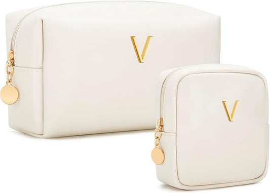 Personalized Christmas Gifts for Women - Initial Makeup Bag Birthday Gifts for Women Travel Toiletry Bag Cosmetic Bags with Soft PU Leather (Beige V)