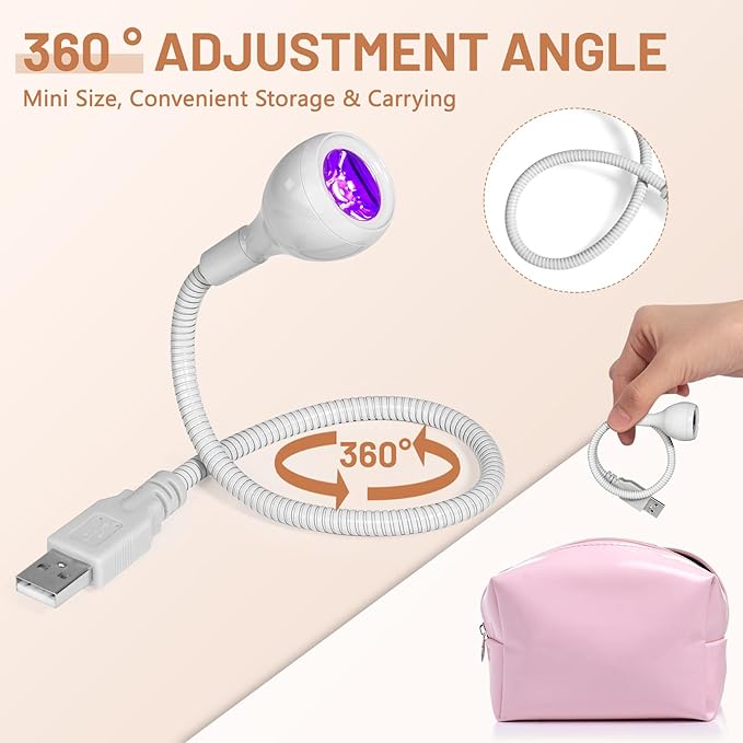 AORAEM UV LED Nail Lamp, 3W Portable Duck Neck UV Nail Lamps Dryer Gel Polish Curing Light with White Gooseneck for Gel Nails Tips USB Plug Play Nails Salon and Home DIY