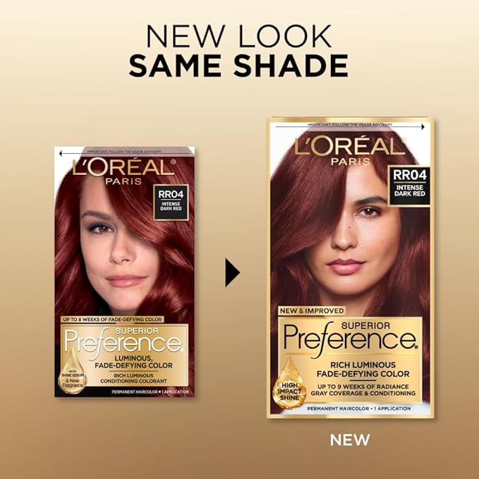 L'Oreal Paris Superior Preference Luminous Fade-Defying Permanent Hair Color, Hair Dye For Up to 9 Weeks of Radiance, Intense Dark Red RR-04, 1 Hair Dye Kit