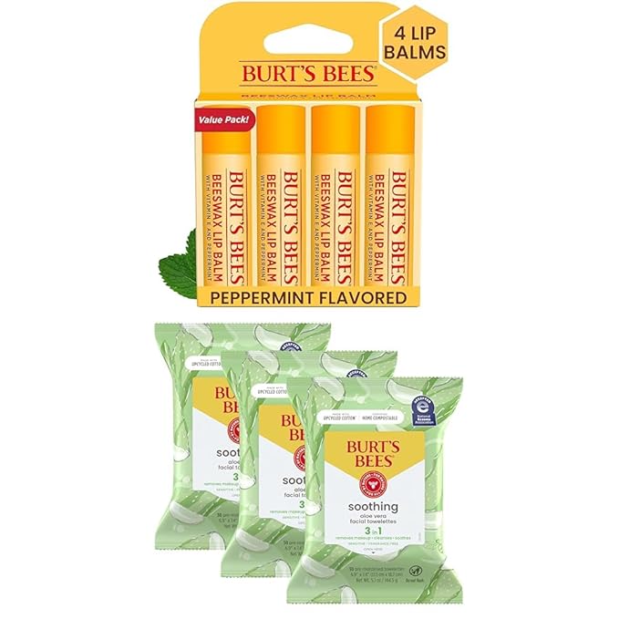 Burt's Bees Bundle - Original Beeswax Lip Balm, 4 Tubes, 0.15 oz. + Aloe Vera Face Wipes, for Sensitive Skin, Makeup Remover & Facial Cleansing Towelettes, 30 Ct. (3-Pack)